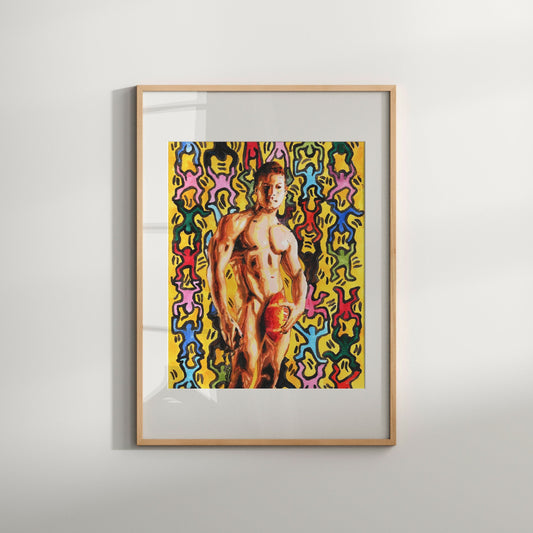 This image features a striking Giclée print of an original watercolor painting, encapsulated in a simple black frame. The artwork depicts a vibrant and colorful illustration of a male figure, set against a background of abstract, geometric patterns in a variety of bright colors.