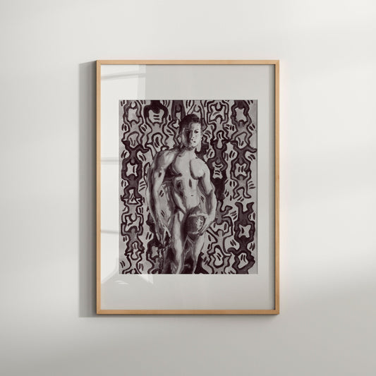 This image features a striking black and white art print of a painting by Keith Haring, presented in a simple, elegant frame. The artwork captures a male figure in a provocative pose, set against a patterned background that enhances the visual drama of the figure.