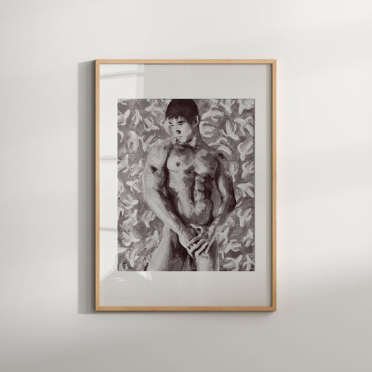 This image features a striking black and white art print titled "Banana," which depicts a male figure in a contemplative pose. The print is rendered in a soft, realistic style with a muted color palette, emphasizing the artistic and serene expression of the subject.