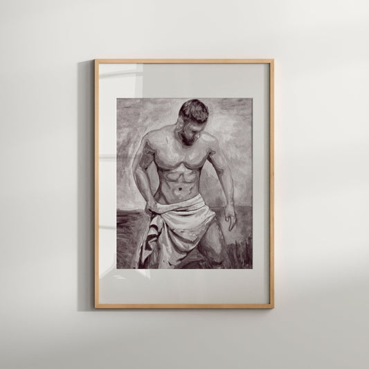This image displays a striking art print featuring a monochrome depiction of a male figure. The artwork is rendered in bold black and white tones, emphasizing the contours and muscular texture of the figure's torso and arms.