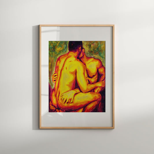 This image features a striking Giclée print titled "Group S3" by Zak Pop Art, showcasing an original watercolor painting. The artwork captures a vivid and intimate moment of two nude male figures in an embrace, highlighted by warm, earthy tones and bold strokes.