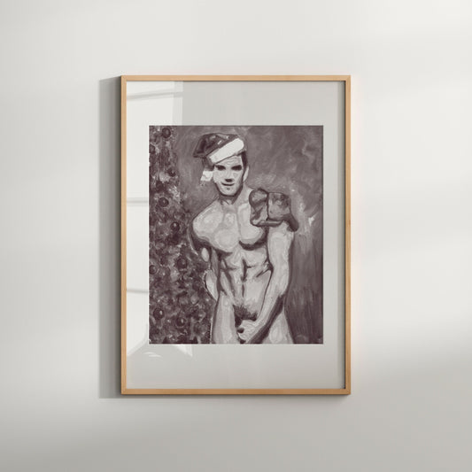 This image features a framed art print titled "Sexy Santa (B&W)," presented in a striking black and white color scheme. The artwork depicts a male nude in a vintage, erotic pose, adorned with a Santa hat and a mustache, standing in front of a blurred Christmas tree backdrop.