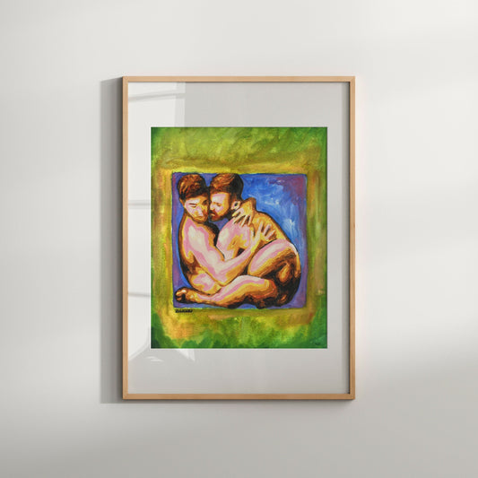 This print depicting an intimate scene of a nude male couple. The artwork is rich in color and texture, showcasing the figures in an abstract and expressionistic style that highlights the emotional depth of the scene.