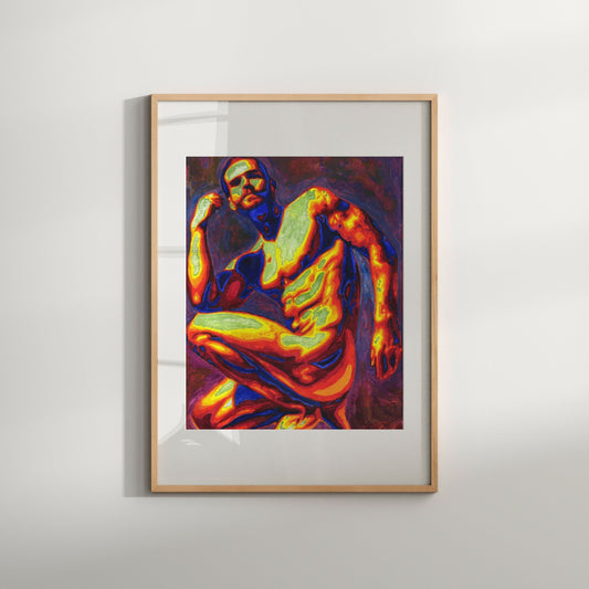This image features a striking Giclée print titled "Muscle," which portrays a vibrant and abstract depiction of a nude male figure. The artwork is characterized by bold outlines and a rich, colorful palette, with shades of blue, orange, and yellow dominating the scene.