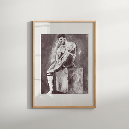 Black and white art print of a drip painting depicting a nude male figure seated on a block, with a wooden frame.