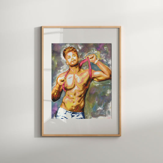 This image features a striking Giclée print titled "Metallic colours," showcasing an artistic depiction of a nude male figure. The figure is presented in a dynamic and colorful pose, with a background that includes swirls of vibrant purple and pink hues, suggesting a queer erotic art theme.