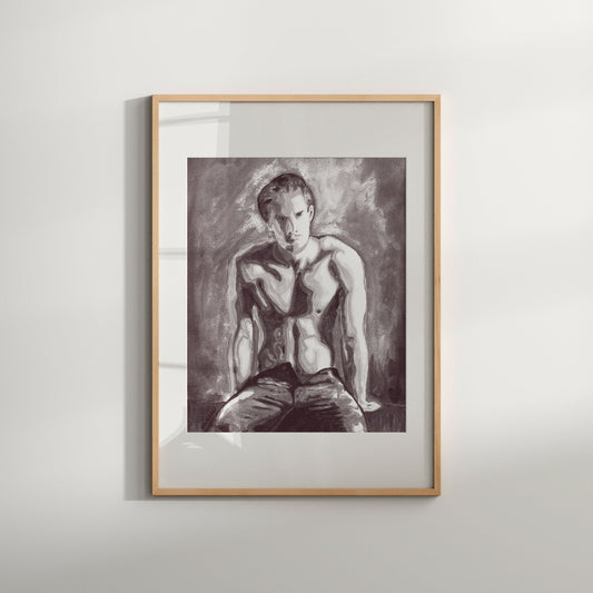 This image displays a framed art print titled "On the Bench," featuring a striking black and white depiction of a nude male figure. The artwork is characterized by soft, realistic lines that highlight the contours and form of the figure, creating a sense of depth and texture.