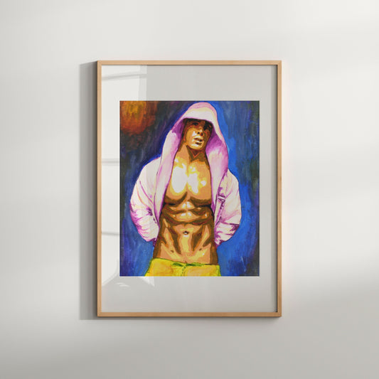 This image features a striking watercolor art print titled "Hoodie," portraying a vibrant and colorful depiction of a male figure wearing a hoodie. The artwork is characterized by its bold and expressive use of color, with shades of pink, yellow, and blue dominating the scene.