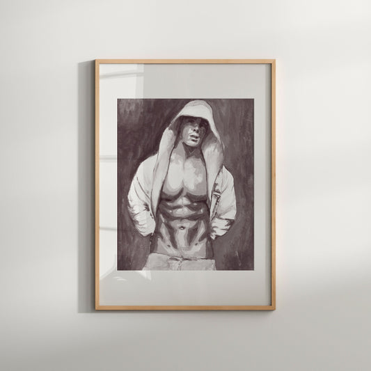 This image features a striking black and white art print titled "Hoodie," which portrays a male figure wearing a hoodie in a thoughtful, turned-around pose. The artwork is rendered in bold, expressive lines and shading techniques, emphasizing the muscular build and form of the figure.