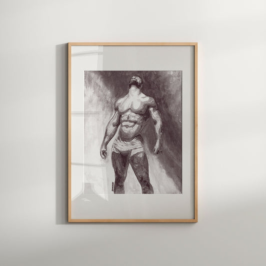 This image features a striking black and white art print titled "Rainbow," which depicts a male figure in a sensuous and homoerotic pose. The artwork is rendered in bold, smooth lines with a palette of gray tones, highlighting the muscular contours and the play of light and shadows across the figure's torso and arms.