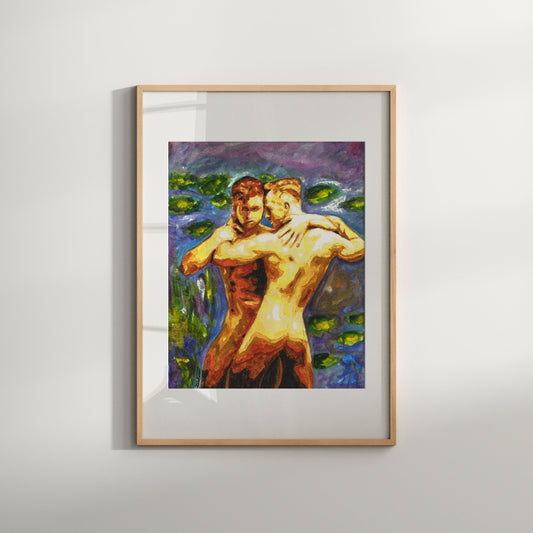 This image features a striking Giclée print titled "Engagement Party," which depicts a vibrant and expressive watercolor painting. The artwork captures a moment of intimacy and connection between two male figures, presented in a blend of warm and cool hues that highlight the play of light and shadows.