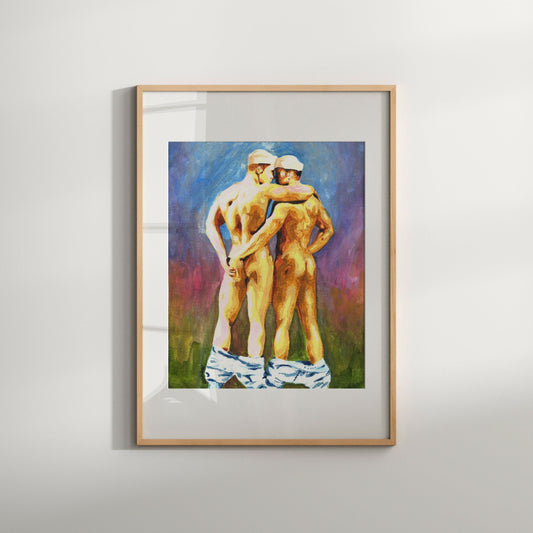 This image displays a striking Giclée print titled "Sailors 2," featuring an artistic and erotic depiction of two nude male figures. The figures, painted in a vibrant and colorful watercolor style, are portrayed in a gentle and affectionate pose, emphasizing the artwork's theme of homoeroticism.