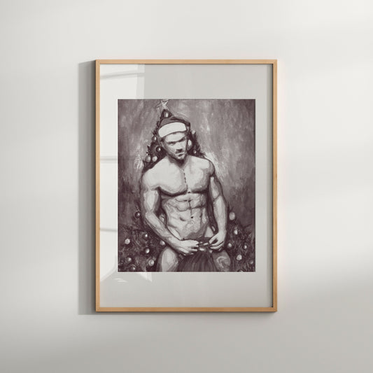 This image features a striking black and white print titled "Santa 2," which is part of a modern paintings gay art print series. The artwork depicts a sensuous, abstract male figure, reminiscent of Santa Claus, portrayed in a contemplative pose with a subtle eroticism.