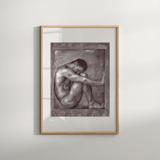 This image displays a striking Giclée print titled " Inside a Cube," featuring an original black and white watercolor painting. The artwork captures the somber yet powerful pose of a male figure enshrined within a geometric, cubic structure.