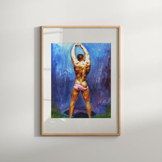 This image features a striking Giclée print titled "Adam in the Garden of Eden," showcasing a vibrant and captivating depiction of a nude male figure. The artwork is characterized by bold, expressive brush strokes in a palette of rich blues and earthy tones, highlighting the sensual and erotically charged pose of the figure.