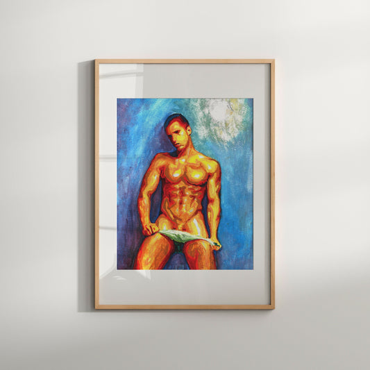 This image features a striking limited edition print titled "Stripper" by Zakpopart, showcasing a male nude erotica artwork. The print captures the essence of a muscular male figure, portrayed in a dynamic and confident pose against a vivid blue background, with abstract elements adding a touch of mystery and intrigue.