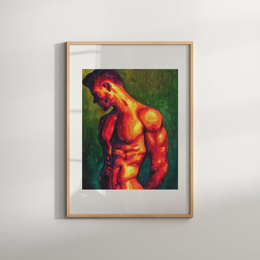 This image features a striking Giclée print of an original coffee art painting. The artwork portrays a vivid and colorful illustration of a male figure, showcasing a blend of warm and cool hues that highlight the contours and muscular texture of the human form.