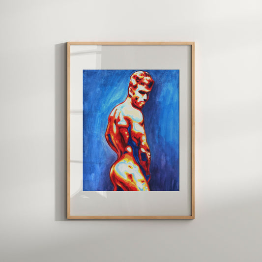 This image features a striking homoerotic art print titled "Butt". The artwork is a Giclée print of an original painting, showcasing a vivid and sensual depiction of a reclining male figure.