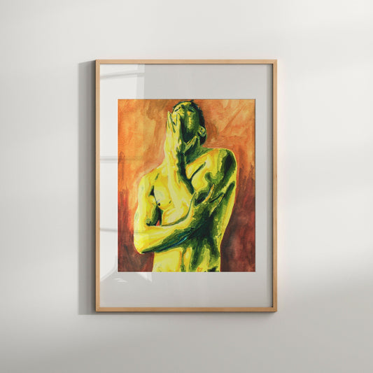 This image features a striking Giclée print which is a sensual and abstract artwork depicting a nude male figure. The artwork is characterized by bold, vibrant strokes in shades of yellow, orange, and green, creating a dynamic and eye-catching visual effect.