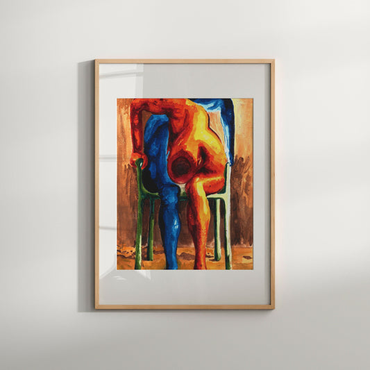 This image features a striking art print titled "Twin," which portrays an expressive and vivid illustration of a gay couple. The artwork is characterized by bold, dynamic brushstrokes in a palette of fiery oranges, blues, and greens, creating a sense of movement and emotion.