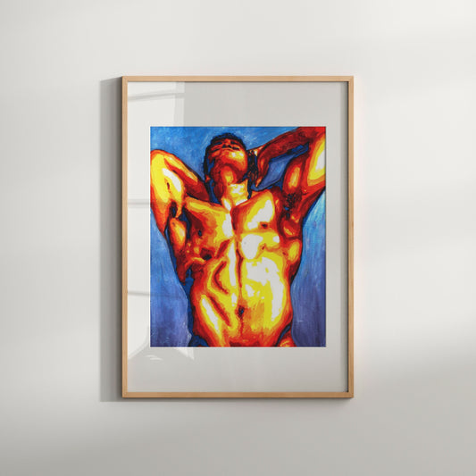 This Giclée print titled captures the essence of a muscular male figure, portrayed in a blend of warm and vibrant colors that highlight the sculptural texture and the play of light and shadows across the human form.