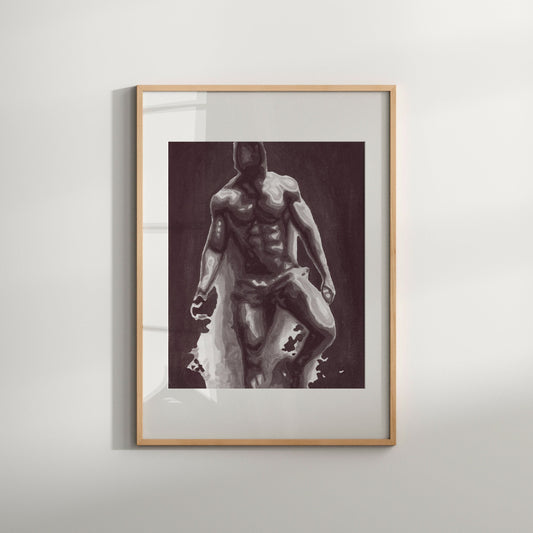 Black and white male nude art print, framed in a light wood frame.
