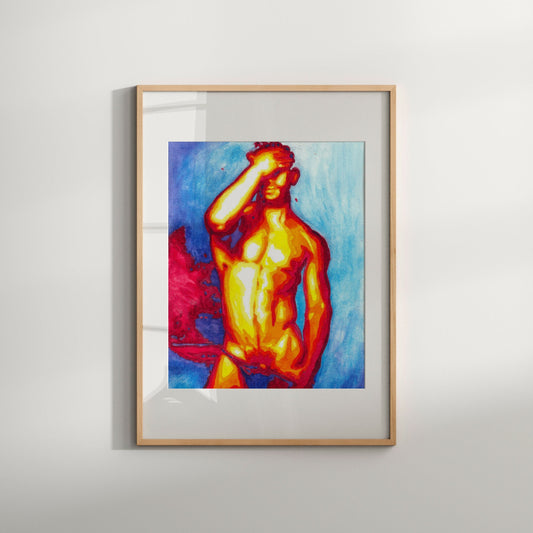 This image features a striking Giclée print titled "Full Frontal" by artist Zak Mohammed. The artwork is a vibrant and unique reproduction of an original painting, showcasing a male figure in a contemplative pose against a vividly colored background.