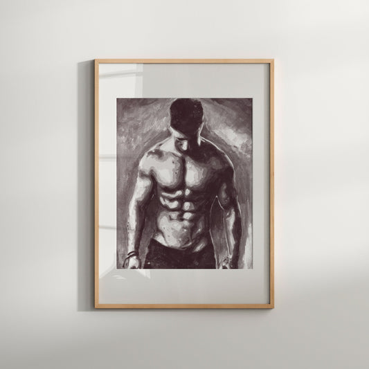 This art displays a striking black and white art print featuring a male model figure. The artwork is a limited edition Giclée print, signed and numbered by the artist, emphasizing its exclusivity and high quality.