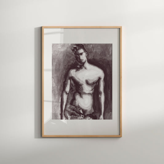This image features a striking black and white art print titled "Teenager," which depicts a nude male figure in a sensual and contemplative pose. The artwork is characterized by its bold contrasts of light and shadow, emphasizing the muscular tones and the play of light across the figure's torso and face.