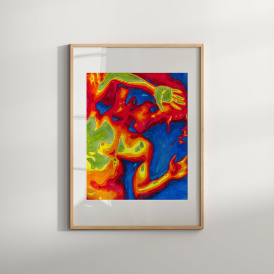 This image features a vibrant and colorful art print titled "X-Ray," which is part of a limited edition Giclée series. The artwork is a dynamic and abstract composition in a mix of warm and cool hues, depicting a male figure in an expressive pose.