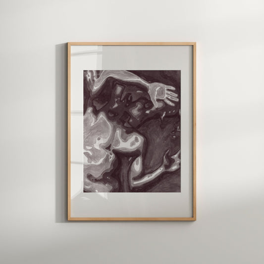 This image features a striking black and white art print titled "X-Ray (B&W)." The print captures the essence of gay male erotic art, showcasing a stylized, abstract depiction of a male figure in a sensuous pose.