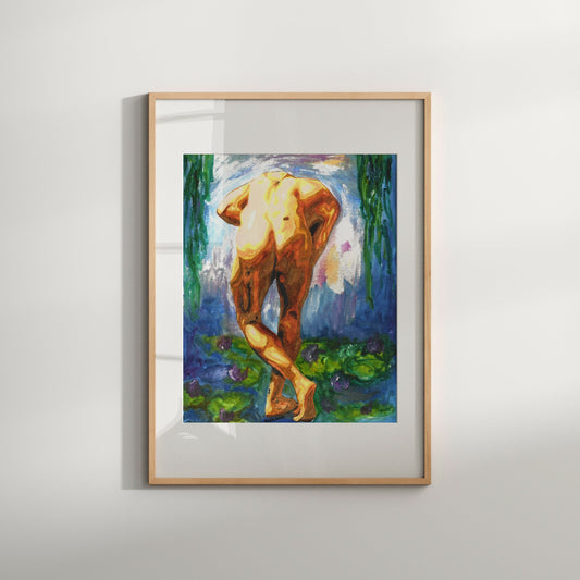 This image features a striking Giclée print titled "Walk in Monet," which is a vibrant and colorful depiction of a male figure in an artistic and erotic pose. The figure, rendered in bold and expressive brushstrokes, is set against a background that includes hints of greenery and abstract elements, enhancing the mystical and ethereal feel of the artwork.