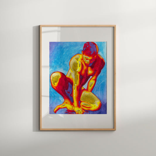 This image features a striking limited edition Giclée print titled "Break," showcasing a vibrant and abstract depiction of a male nude figure. The artwork is characterized by bold outlines and a dynamic use of color, with shades of blue and gold predominating.