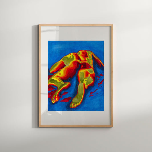 This image features a striking Giclée print titled "Beach Day," which depicts an original watercolor painting of a male figure. The artwork is vibrant and erotic, showcasing a nude male figure with a prominent, warm-hued lower half contrasting against a cooler blue upper half against a vivid blue background.