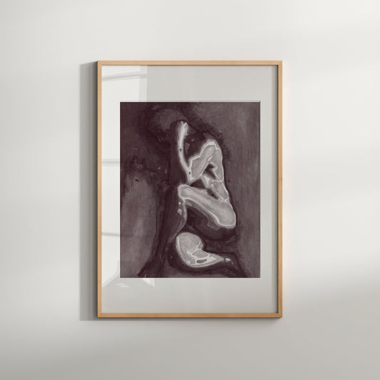 This image features a striking Giclée print of an original male nude painting. The artwork depicts a naked man in a contorted, erotic pose, highlighting the play of light and shadow across the figure.