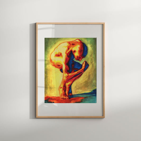 A framed Giclée print featuring an abstract, colorful artwork of a male figure in a kneeling position.