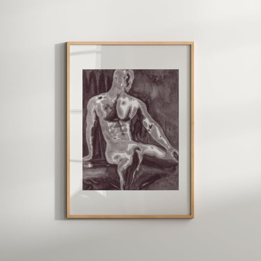 A black and white print of a nude male figure seated in a Turkish bath, framed in a light wood frame.