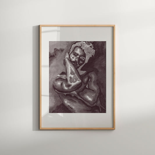 This image features a striking black and white poster of an original painting, portraying a nude male figure in a thoughtful, contemplative pose. The artwork is framed in a simple, light wooden frame that enhances its modern aesthetic.