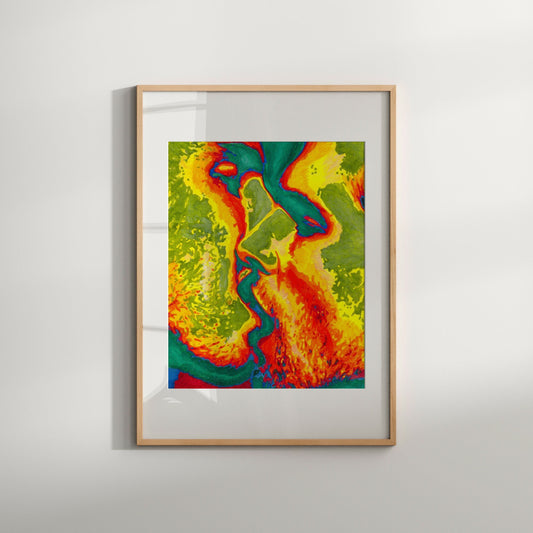 A vibrant, multicolored abstract artwork featuring a blend of green, red, and yellow hues, presented in a simple frame.
