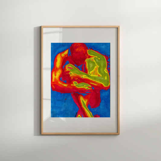 This image features a striking Giclée print titled "Abstract | Gay Nude Art Print." It showcases an artistic rendition of a male figure, depicted in a blend of vibrant and bold colors that highlight the sensual and abstract nature of the work.