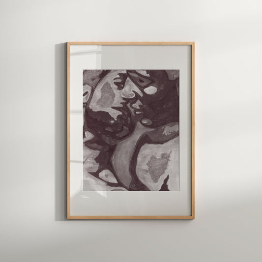 This image features a limited edition Giclée black and white print of a homoerotic male art piece, beautifully framed in a simple wooden frame. The artwork, characterized by fluid lines and a monochrome palette, depicts an intimate and expressive interaction between two male figures.