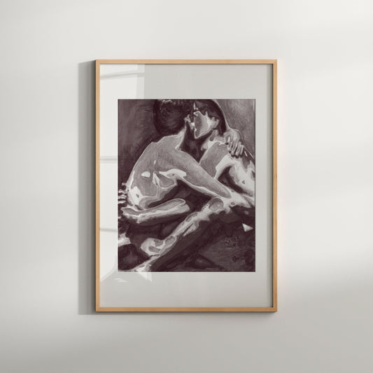 This image features a striking Giclée print of an original painting, showcasing a black and white depiction of a gay nude couple. The artwork is rendered in a soft, expressive style, capturing a tender moment of intimacy.