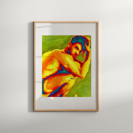 This image features a vibrant and abstract art print titled "Dusk," portraying a male figure in a sitting pose. The artwork is a modern take on renaissance art, showcasing a blend of warm and cool colors in a dynamic, overlapping style.