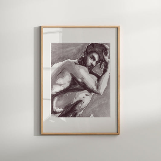 Black and white art print of a male figure in a thoughtful pose with a visible penis, framed in a simple white frame.
