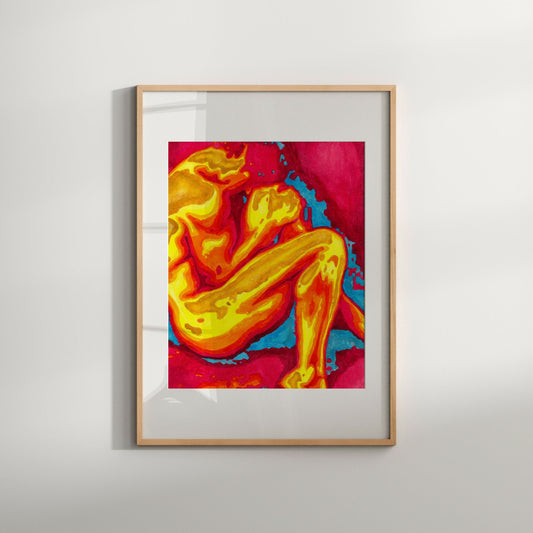 This image features a striking Giclée print titled "In the Womb" by artist Zak Mohammed. The artwork is a vivid and unique reproduction of an original painting, showcasing a powerful and emotional depiction of a nude male figure in a kneeling pose.