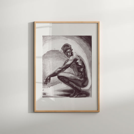 This image features a striking black and white print titled "Male at Sunset," which portrays a nude male figure in a kneeling position, surrounded by a blurred, ethereal background. The artwork is rendered in a soft, impressionistic style, emphasizing the play of light and shadow across the figure's muscular form.