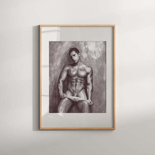 This image features a striking black and white print of a gay male dancer, presented in a modern, erotic style. The artwork is a Giclée reproduction of an original painting, hand-signed and numbered by the artist, emphasizing its exclusivity and high quality.