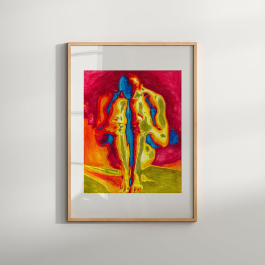 This image features a vibrant and colorful art print which depicts an abstract and erotica-themed painting. The artwork is characterized by its bold, fiery hues of red, orange, and yellow, with contrasting streaks of blue and black, portraying a sensual and intense visual experience.