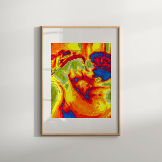 This image features a striking Giclée print titled "The Kiss 5," created by artist Zak Mohammed. The print captures a vivid and abstract depiction of a kiss, with fiery orange and yellow hues giving way to cooler blues and reds.