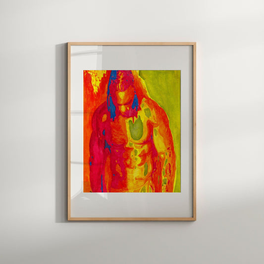 This image features a striking Giclée print of an original painting, titled "Braids" by artist Zak Mohammed. The artwork captures a vivid and abstract depiction of a male figure, with a fusion of warm and bold colors in a graffiti-style format.
